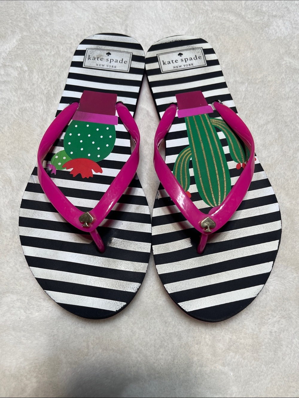 kate spade Black & White Stripe Flip Flops with Hot Pink Straps and Cactus Motif